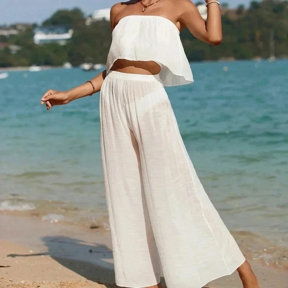 Beach Solid Color Strapless Top And Cover Up Wide Leg Pants - Picture 1 of 5